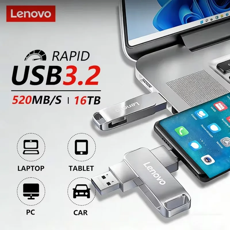 Lenovo USB 3.2 16TB Flash Drive Memory USB Type-C 2 In 1 Fast Speed Drive Waterproof Scratch-Resistant Durable USB Drive